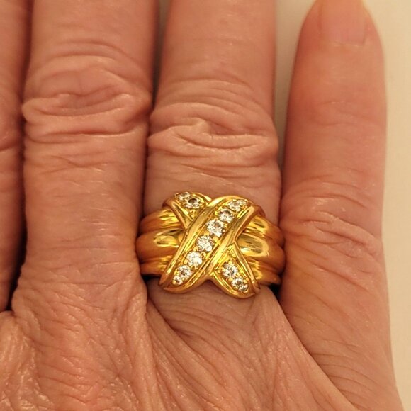 Vintage Tiffany & Co 18K Yellow Gold Diamond Signature X Band Ring - Picture 15 of 16